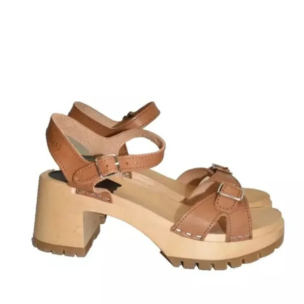 $320 Swedish Hasbeens Buckle Clog Sandals LEATHER BROWN PLATFORM 39 (DB7) - Picture 2 of 8